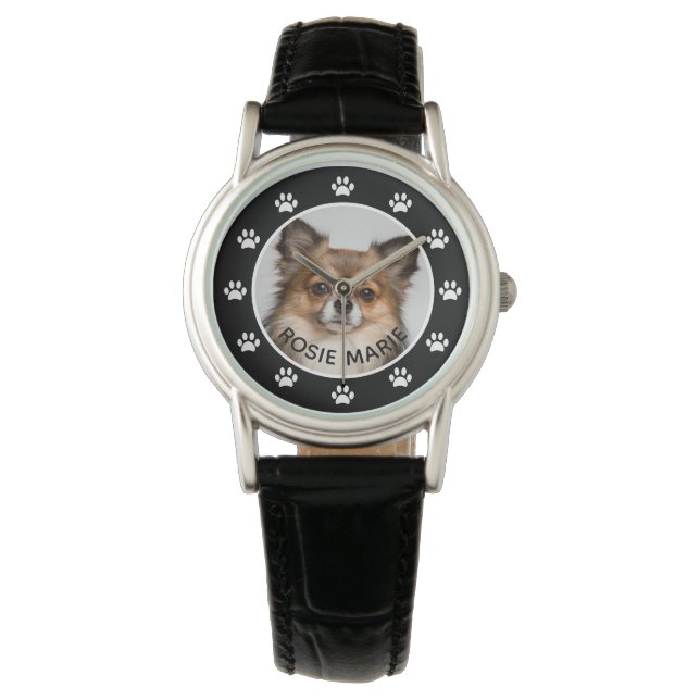 Cute Dog Photo Pet Name Paw Prins Custom Horloge (Voorkant)