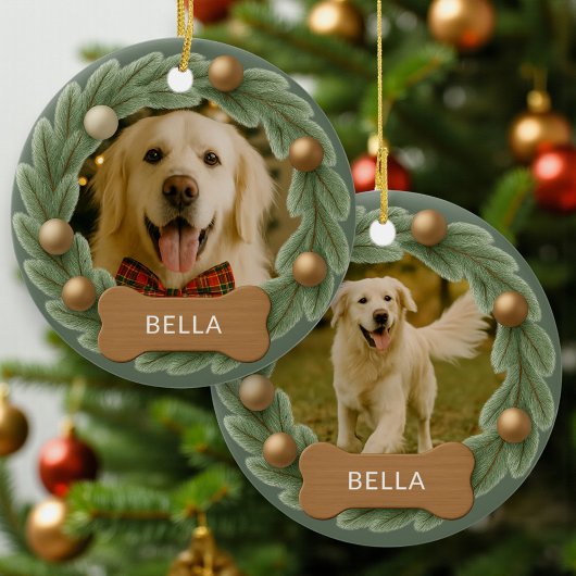 Cute Dog Photo Wreath Holiday Christmas Keramisch Ornament