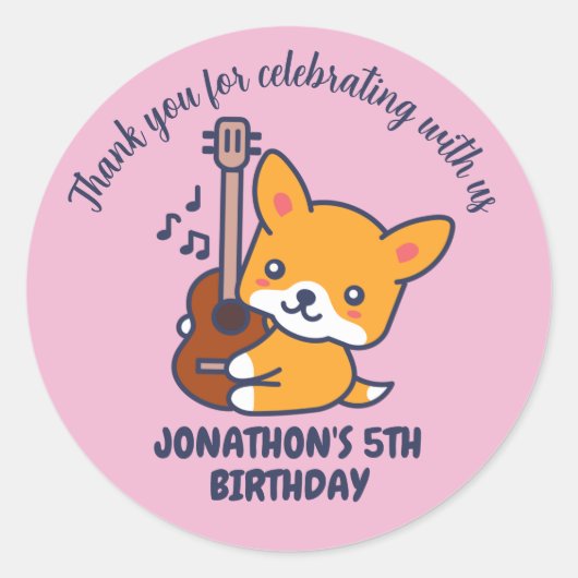 Cute Dog Play Guitar Kids Birthday Party Ronde Sticker (Voorkant)