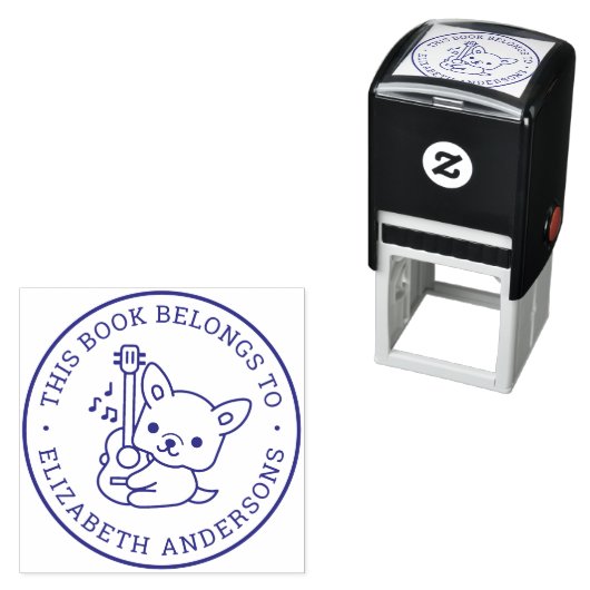 Cute Dog Play Guitar Personary Name Book Label Zelfinktende Stempel (In situ)