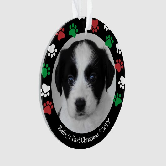 Cute Dog Puppy First Kerstpap Red Green Ornament (voorkant)
