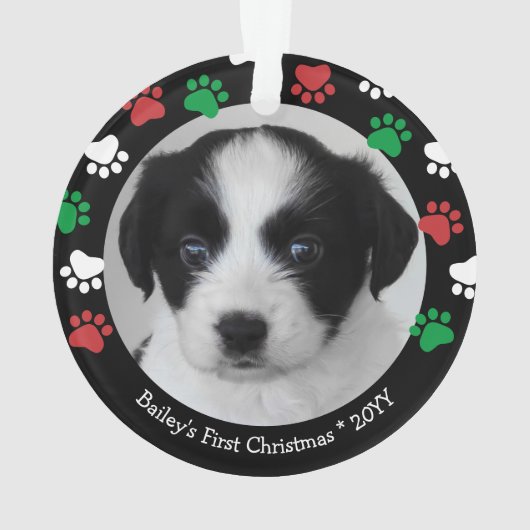 Cute Dog Puppy First Kerstpap Red Green Ornament (achterkant)