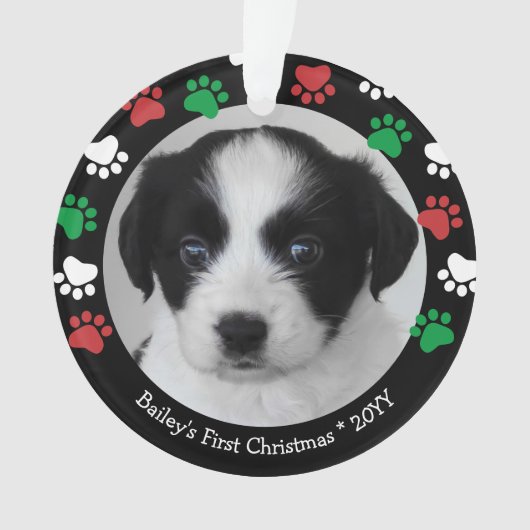 Cute Dog Puppy First Kerstpap Red Green Ornament (voorkant)