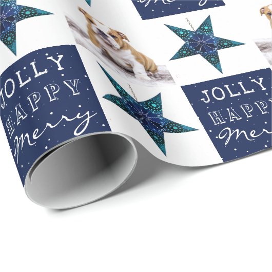 Cute Dog Puppy Pet Foto Festive Star Kerstmis Cadeaupapier (Rol Hoek)