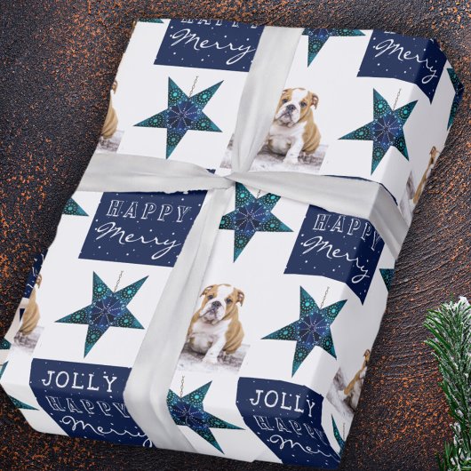 Cute Dog Puppy Pet Foto Festive Star Kerstmis Cadeaupapier