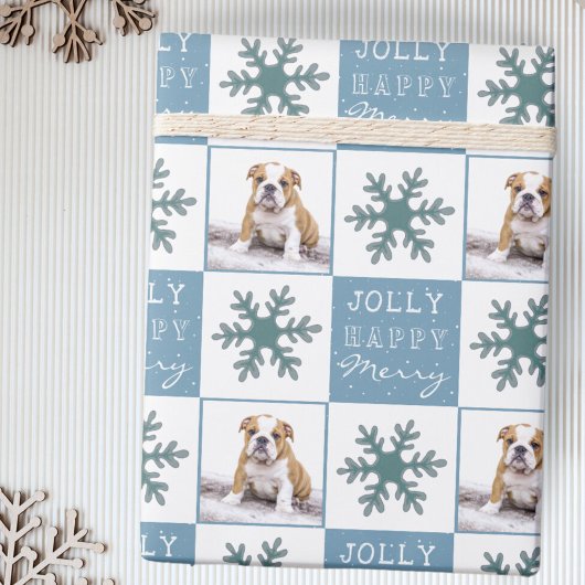 Cute Dog Puppy Pet Photo Snowflake Kerstmis Cadeaupapier