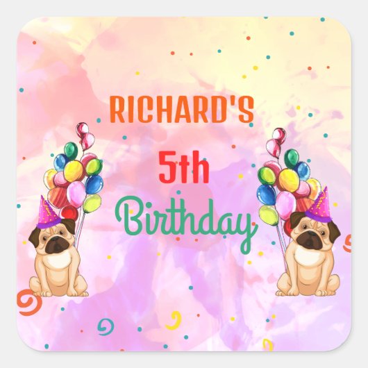 Cute Dog Puppy Thmed Kind Birthday Party Vierkante Sticker (Voorkant)