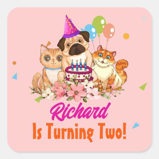 Cute Dog Puppy Thmed Kind Birthday Party Vierkante Sticker (Voorkant)