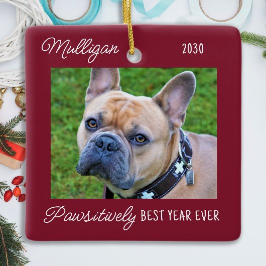 Cute Dog Red Quarantine-kerstfoto Keramisch Ornament