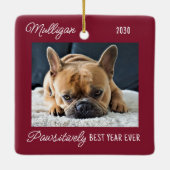 Cute Dog Red Quarantine-kerstfoto Keramisch Ornament (Achterkant)