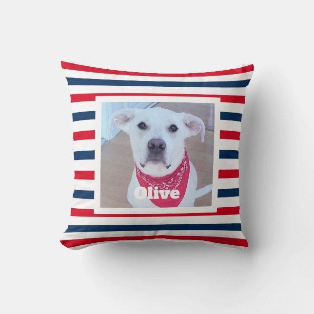 Cute Dog Red White Blue Stripes Patriottic Photo Kussen (Voorkant)