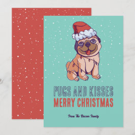 Cute Dog Santa Pugs en Kisses Merry Kerstmis Feestdagenkaart