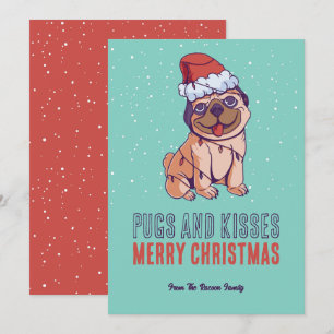 Cute Dog Santa Pugs en Kisses Merry Kerstmis Feestdagenkaart