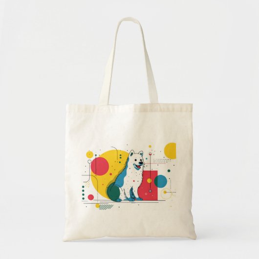 Cute dog sits in colorful art space tote bag (Voorkant)