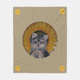 Cute Dog, Sunflower and Gold Paws Fleece Blanket
