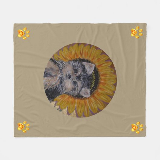Cute Dog, Sunflower and Gold Paws Fleece Blanket (Voorkant (Horizontaal))