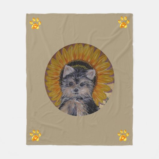 Cute Dog, Sunflower and Gold Paws Fleece Blanket Deken (Voorkant)