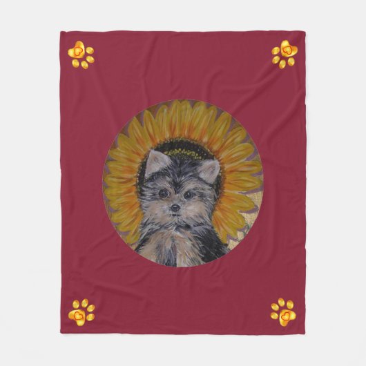 Cute Dog, Sunflower and Gold Paws Fleece Deken (Voorkant)