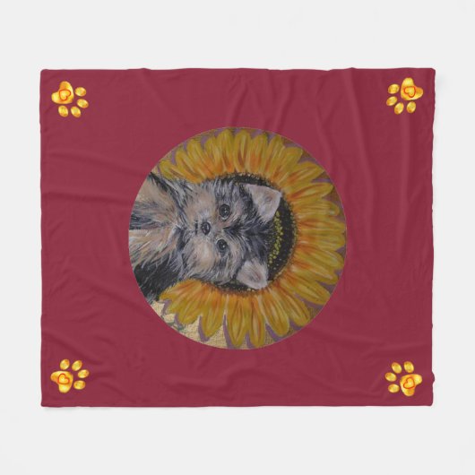 Cute Dog, Sunflower and Gold Paws Fleece Deken (Voorkant (Horizontaal))