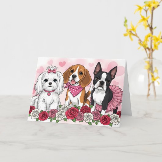 Cute Dog Trio Roses Valentine's Day Card - Pet Lov Kaart (Gele Bloem)