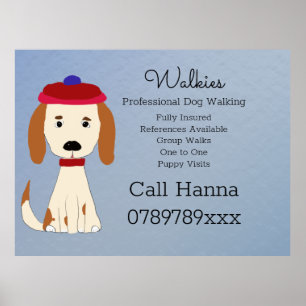 Cute Dog Walking Dog Grooming Business on Blue Poster