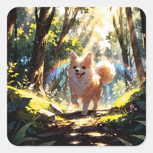 Cute dog walking in the forest vierkante sticker (Voorkant)