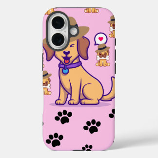 Cute Dog with Hat & Paw Pattern iPhone 16 Hoesje