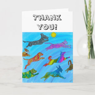 Cute Dogs and Cats Jumping for Joy Wenskaart Bedankkaart