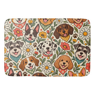 Cute Dogs and Colorful Floral Pattern Badmat