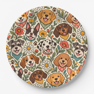 Cute Dogs and Colorful Floral Pattern Papieren Bordje