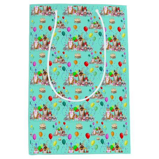 Cute Dogs Birthday Celebration Let's Pawty Pattern Medium Cadeauzakje (Voorkant)
