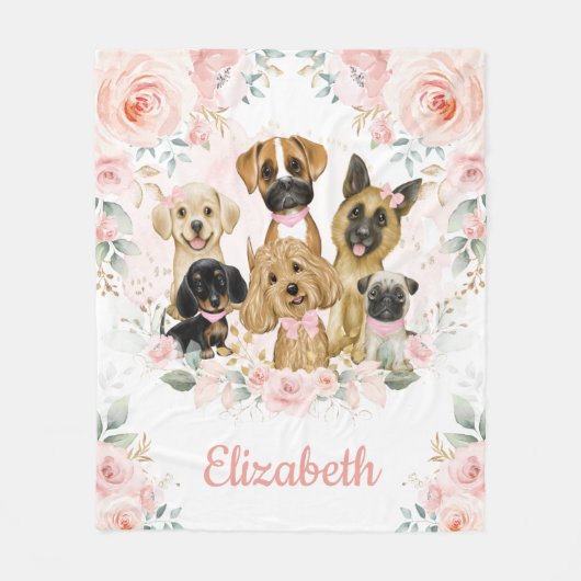 Cute Dogs Blush Pink Floral Puppies Baby Girl Fleece Deken (Voorkant)