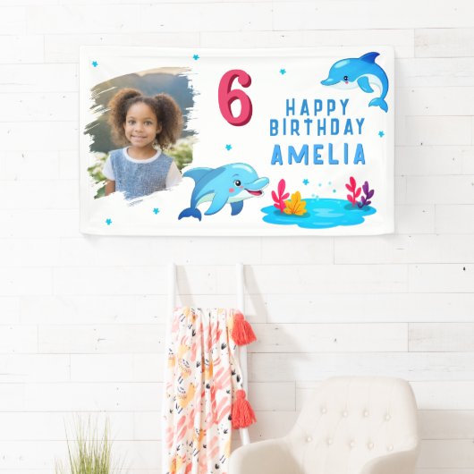Cute Dolfijn Zee Dieren Foto Verjaardagsfeestje Spandoek (Insitu)