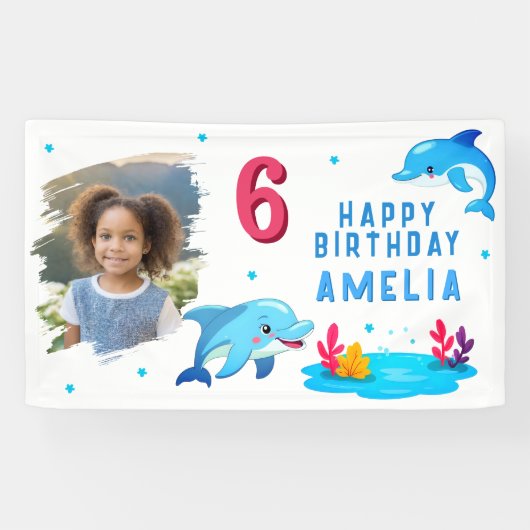 Cute Dolfijn Zee Dieren Foto Verjaardagsfeestje Spandoek (Horizontaal)