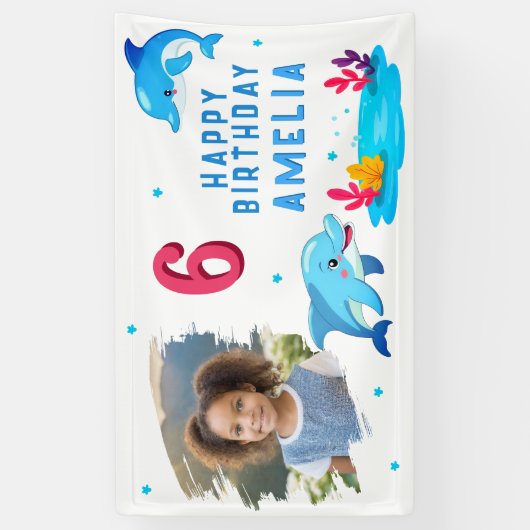 Cute Dolfijn Zee Dieren Foto Verjaardagsfeestje Spandoek (Verticaal)