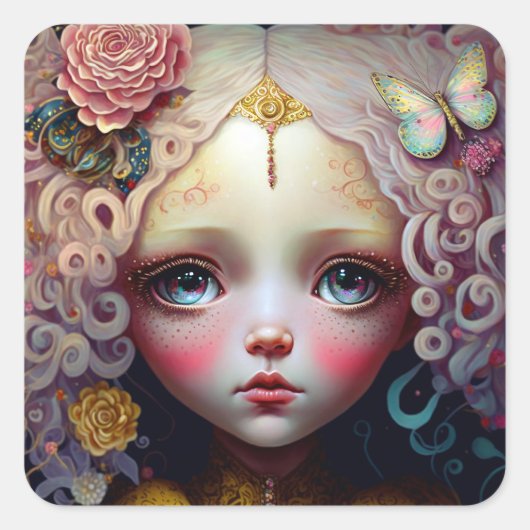 Cute Doll Girl Pink Hair Vierkante Sticker (Voorkant)