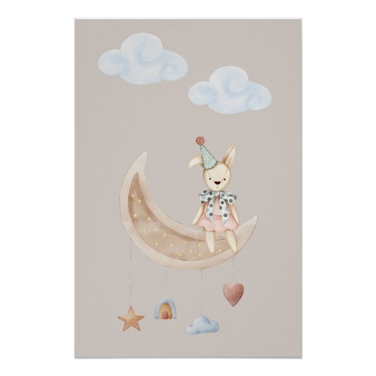 Cute Doll on Crescent Moon Illustration Poster (Voorkant)