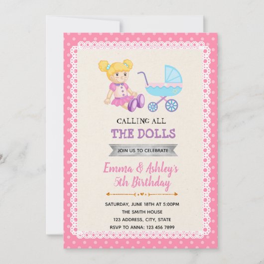 Cute doll party verjaardagsuitnodiging kaart (Voorkant)