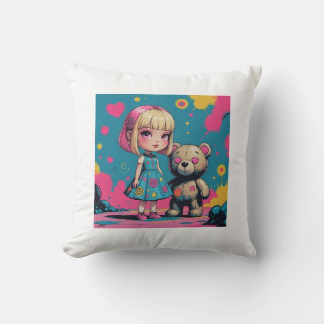 Cute Doll with Teddy Bear Kussen (Voorkant)