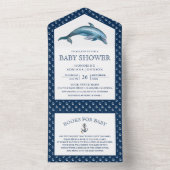 Cute Dolphin Nautical Navy Blue Baby shower All In One Uitnodiging (Binnen)