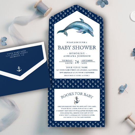 Cute Dolphin Nautical Navy Blue Baby shower All In One Uitnodiging