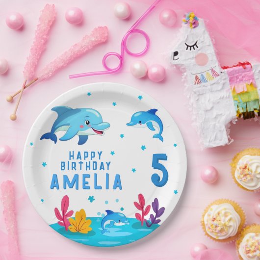 Cute Dolphin Sea Animals Birthday Party Papieren Bordje (Feest)