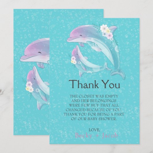 Cute Dolphins Girl Baby shower Hartelijk dank Bedankkaart (Voorkant / Achterkant)
