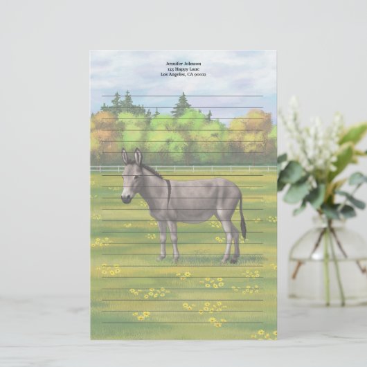 Cute Donkey Grey Burro in Pasture Briefpapier (Staand voorkant)
