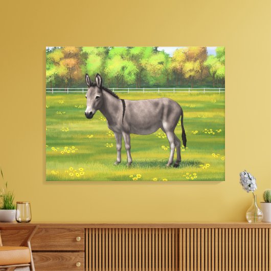 Cute Donkey Grey Burro in Pasture Canvas Afdruk (Insitu (Woonkamer))