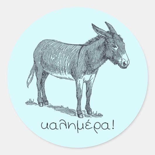 Cute Donkey & "Kalimera" (goedemorgen) in het Grie Ronde Sticker (Voorkant)