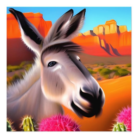 Cute Donkey met bloeiende cactus Foto Afdruk (Voorkant)