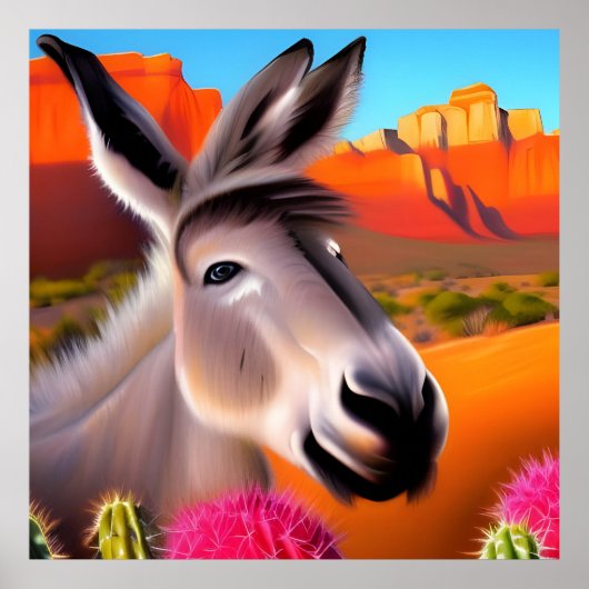 Cute Donkey met bloeiende cactus Poster (Voorkant)