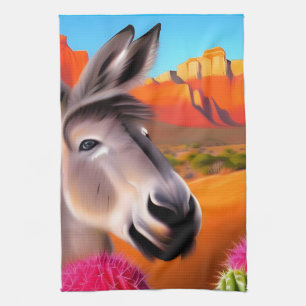 Cute Donkey met bloeiende cactus Theedoek
