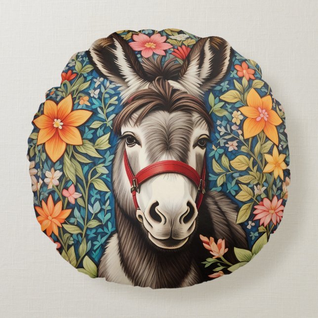 Cute Donkey On Colorful Floral Background Rond Kussen (Voorkant)